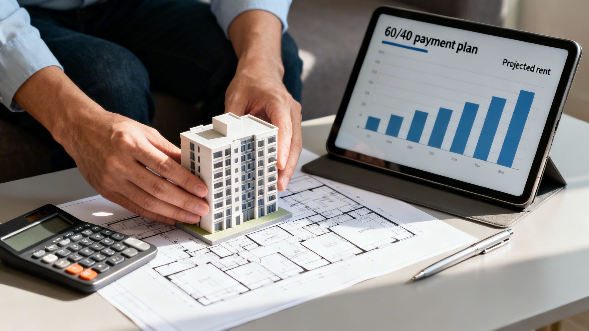 Close-up of hands holding a building model next to a tablet showing rental projections and architectural plans.