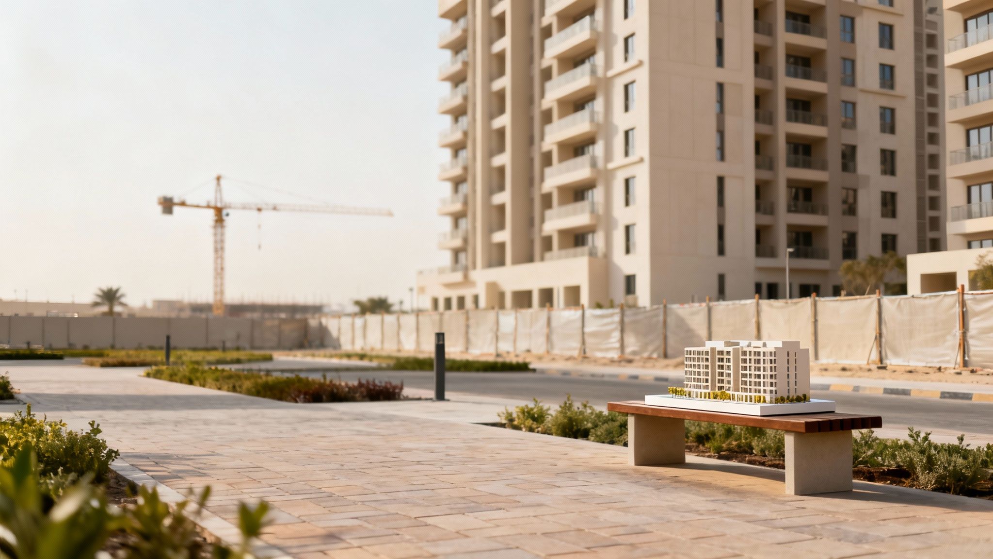 A detailed model of an apartment building on a bench, with real modern buildings and a construction crane in the background.