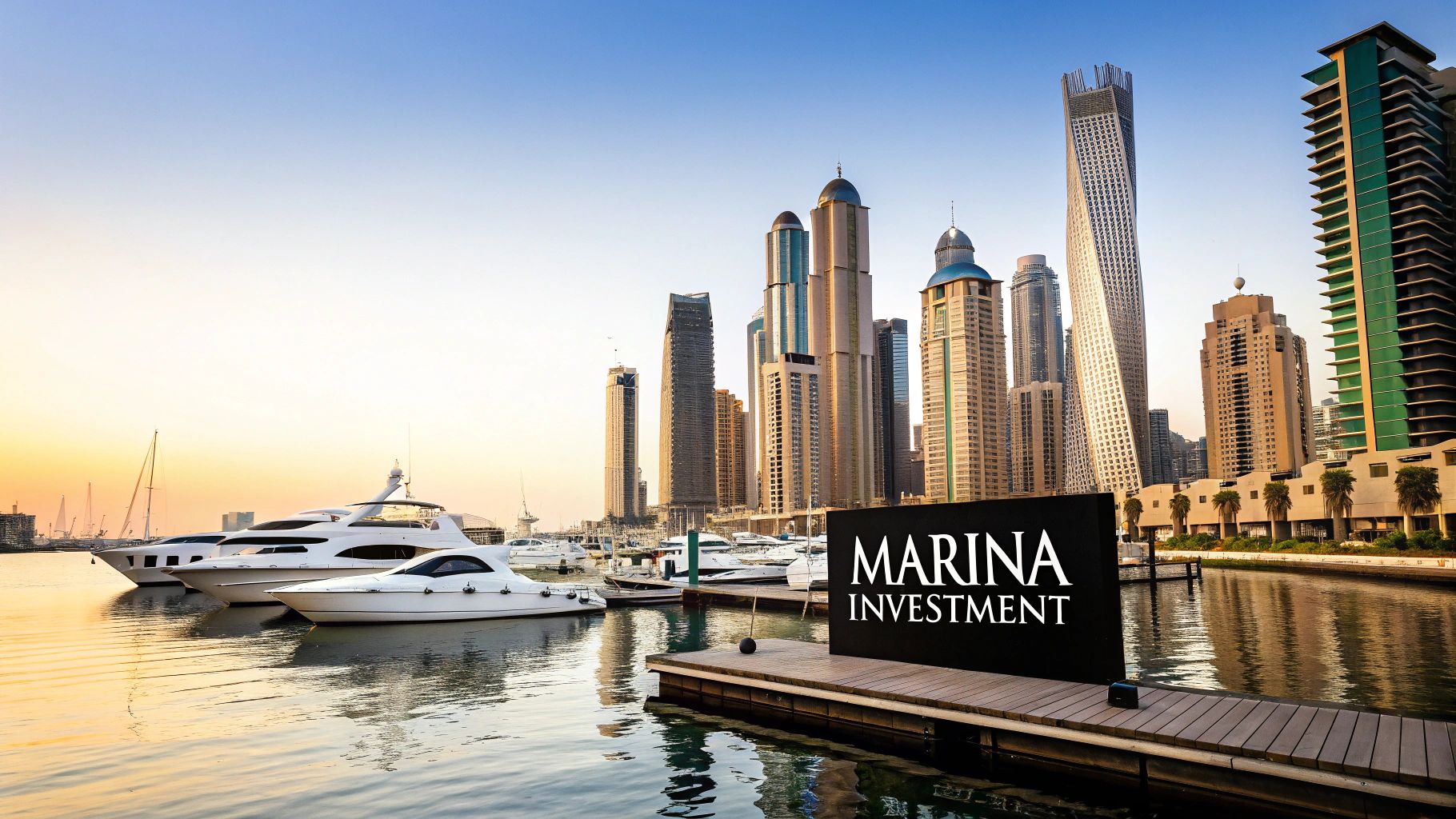 Sunset view of Dubai Marina with luxury yachts, modern skyscrapers, and a 'Marina Investment' sign.