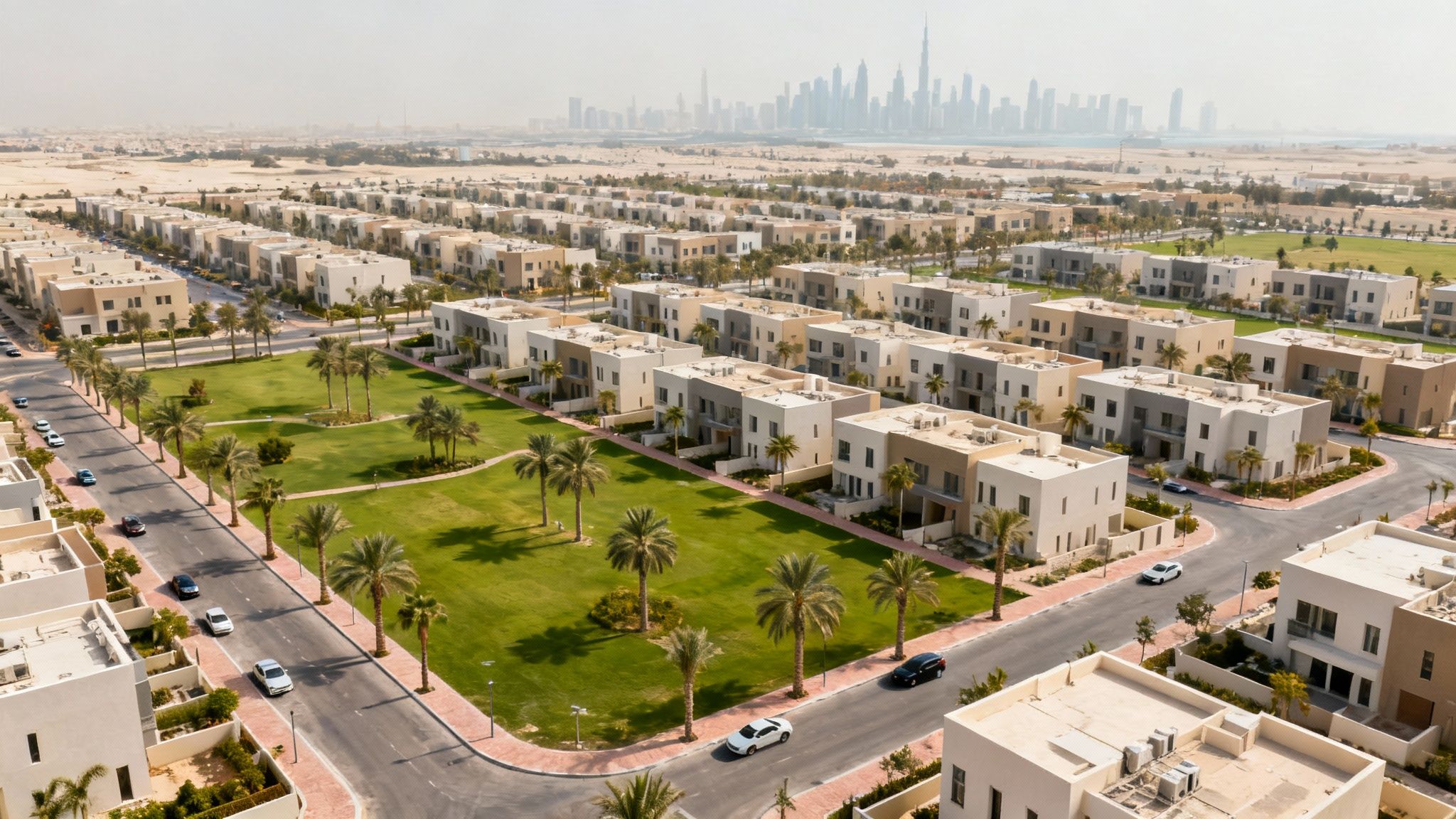 Aerial view of a modern Dubai residential area with villas, green spaces, and city skyline.
