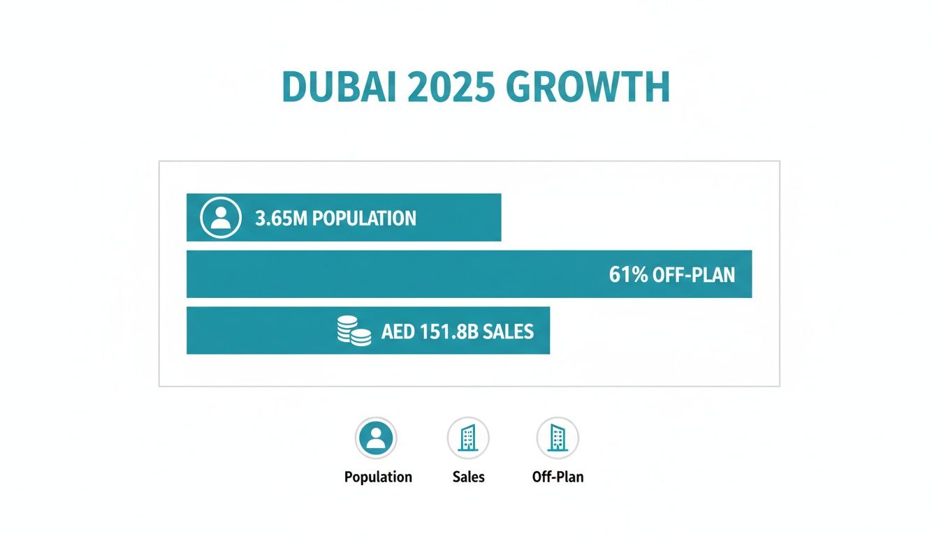 Dubai 2025 growth infographic displaying population, off-plan sales percentage, and total sales.