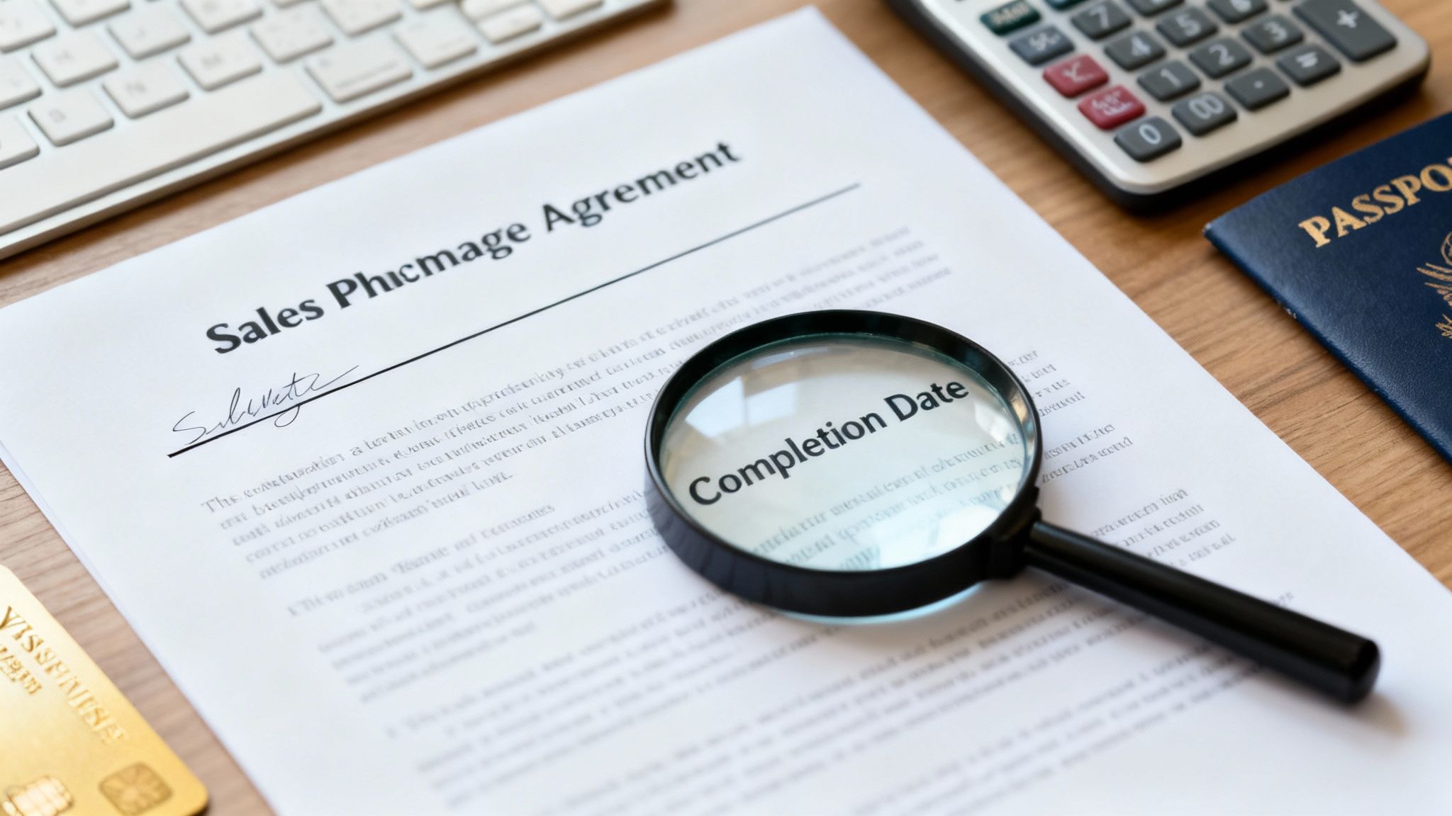 Magnifying glass on 'Completion Date' of a signed sales agreement document on a wooden desk.