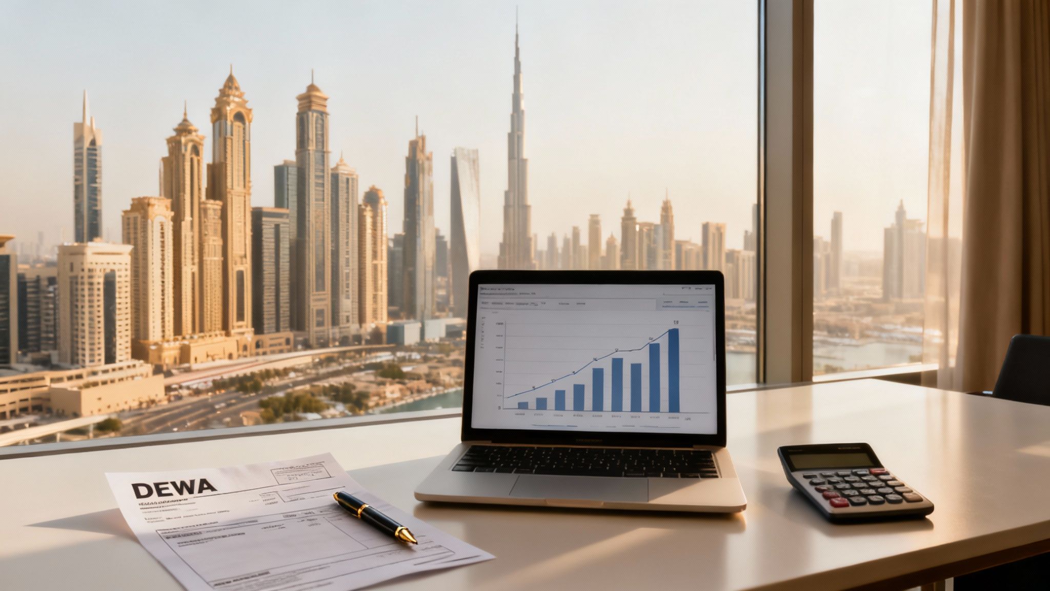 Desk with laptop showing growth chart, DEWA document, and calculator overlooking a stunning city skyline.