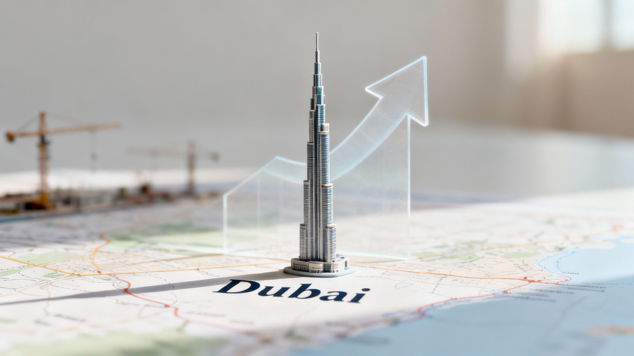 Miniature Burj Khalifa on a Dubai map, showing construction cranes and an upward growth arrow.