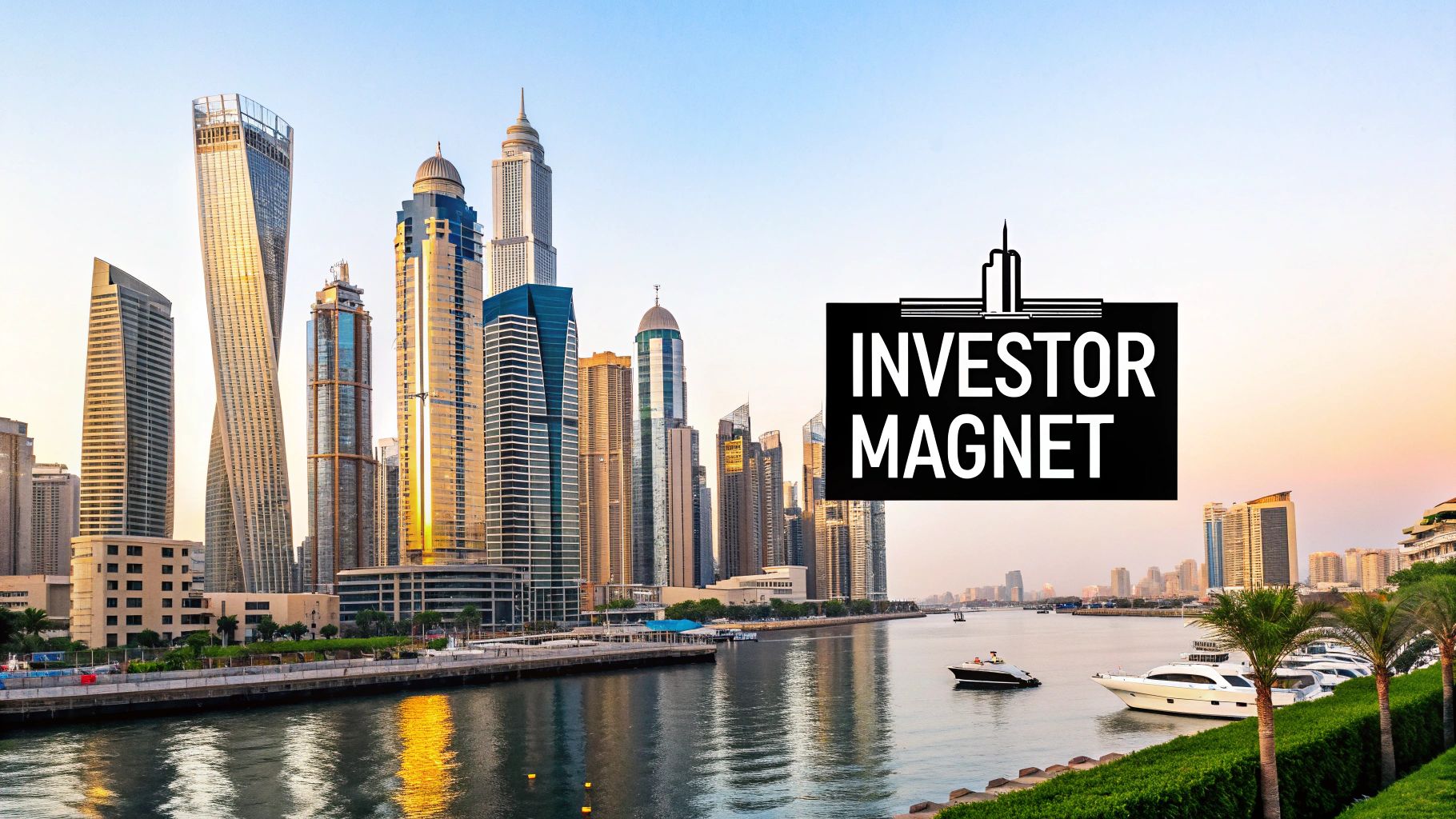 Dubai cityscape with modern skyscrapers, a canal, boats, and an 'INVESTOR MAGNET' overlay.