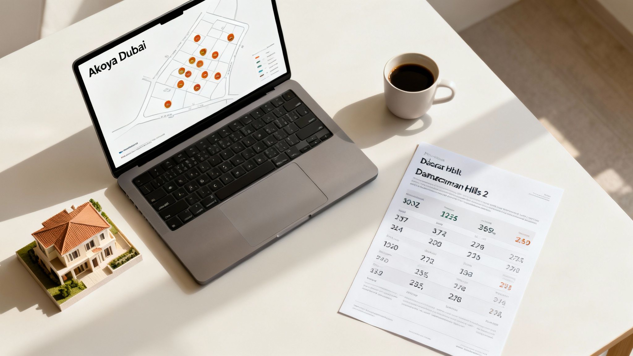 Flat lay of a real estate workspace with laptop showing Akoya Dubai map, house model, and Damac Hills 2 document.