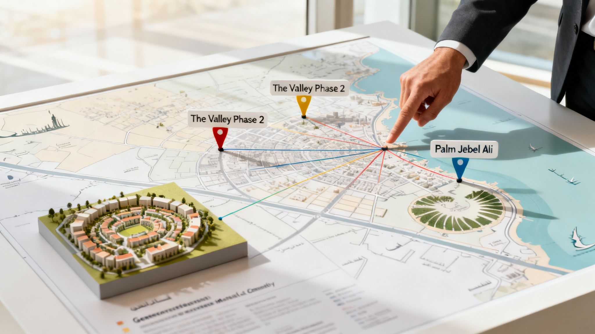 Businessman points to a map displaying Dubai real estate projects, including The Valley Phase 2 and Palm Jebel Ali, with a 3D model.