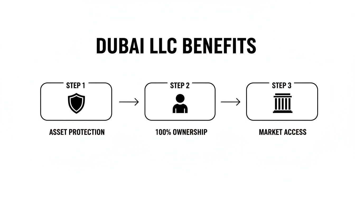 Infographic detailing Dubai LLC benefits, including asset protection, 100% ownership, and market access.