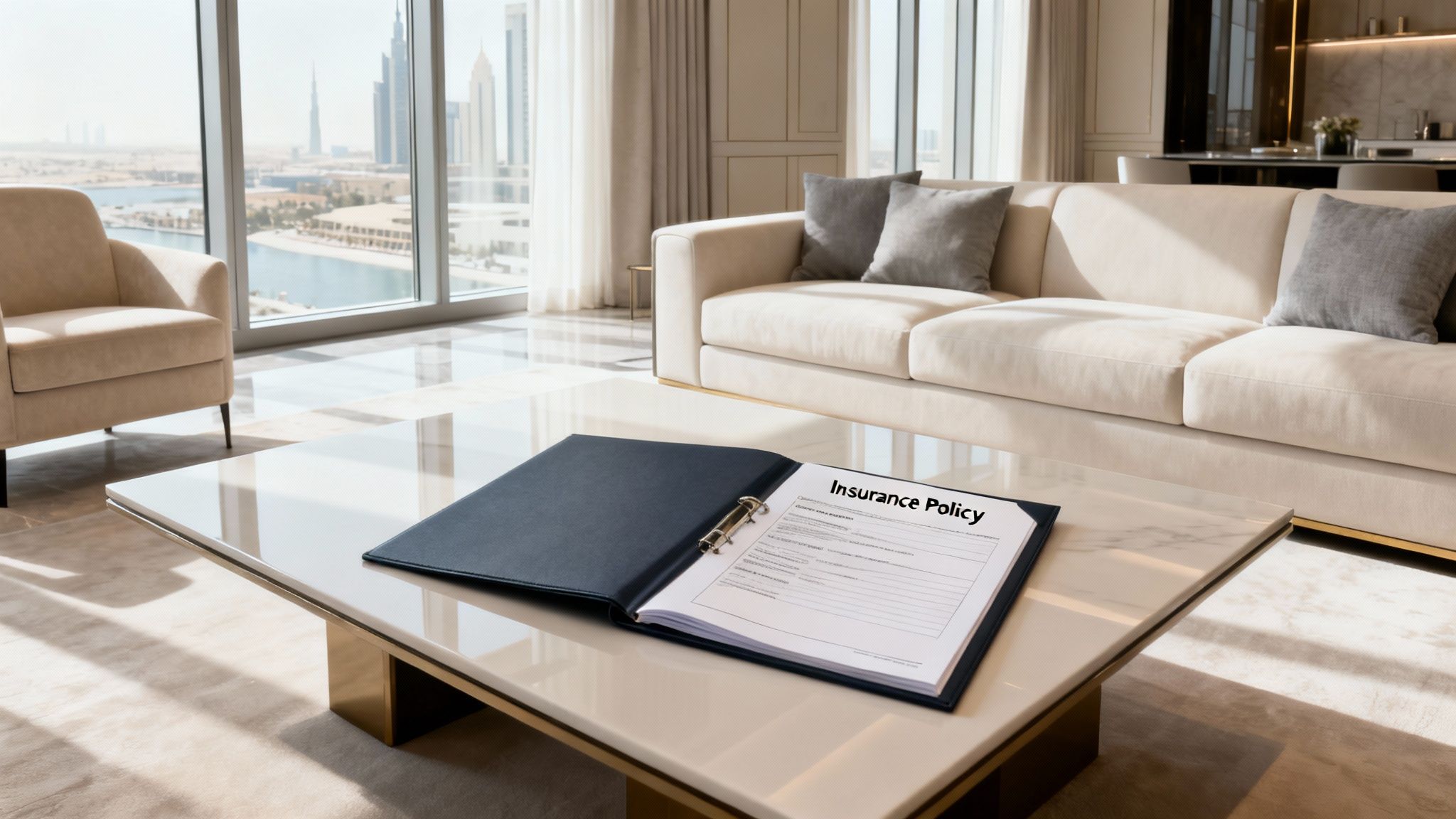 An insurance policy document open on a coffee table in a luxurious apartment with a city view.