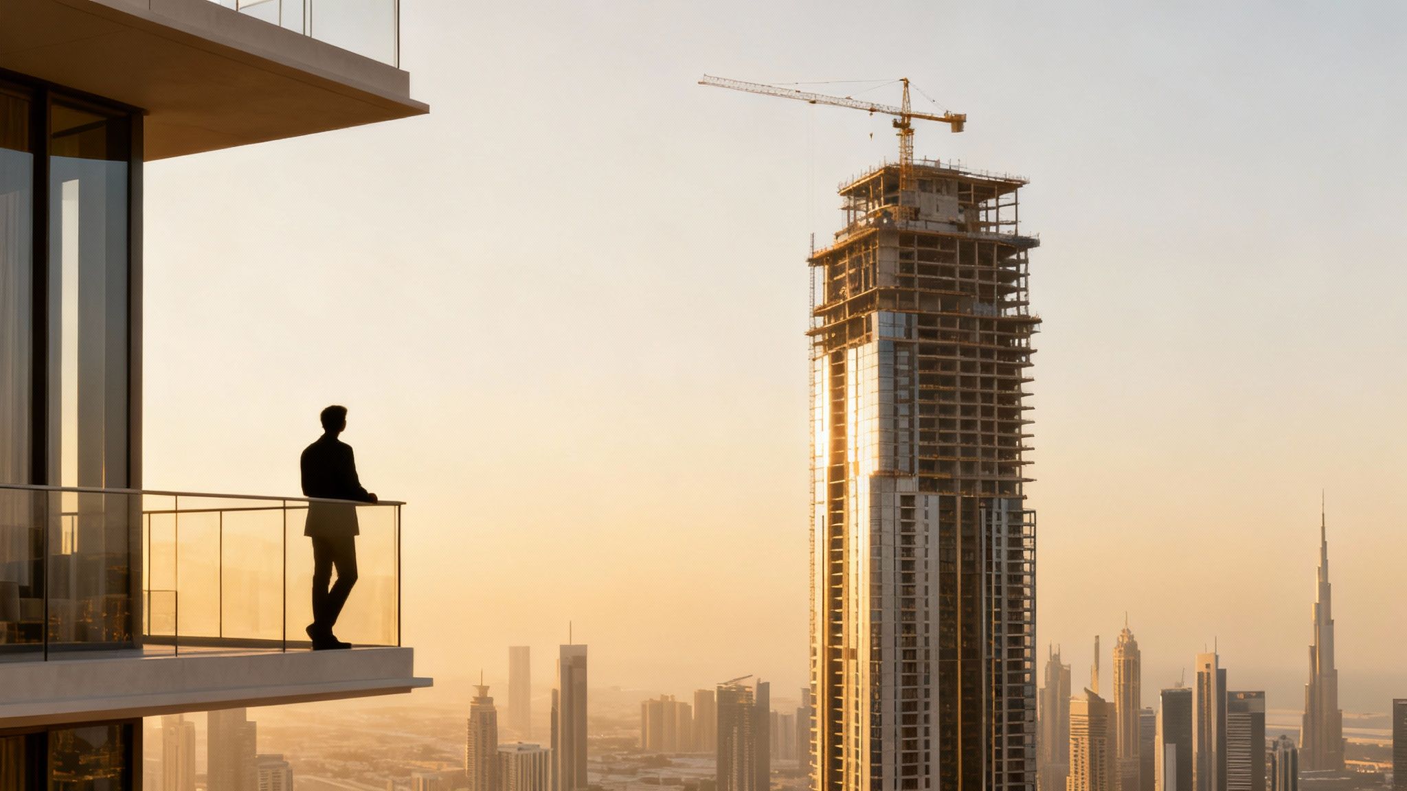 Businessman silhouette on balcony watching a city skyline with a construction skyscraper at sunset.