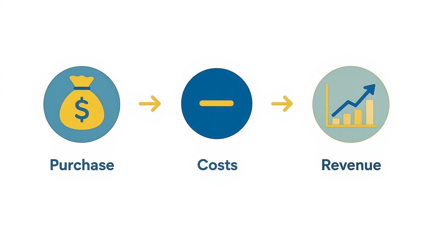 A financial diagram showing 'Purchase' (money bag) minus 'Costs' (minus sign) equals 'Revenue' (upward trend chart).