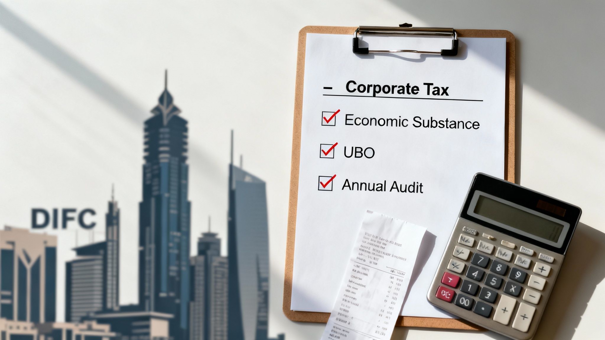 Clipboard with corporate tax checklist (economic substance, UBO, annual audit), calculator, and Dubai skyline.