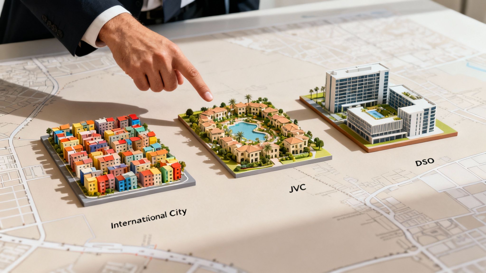Close-up of a hand pointing at architectural models of diverse residential developments on a map.