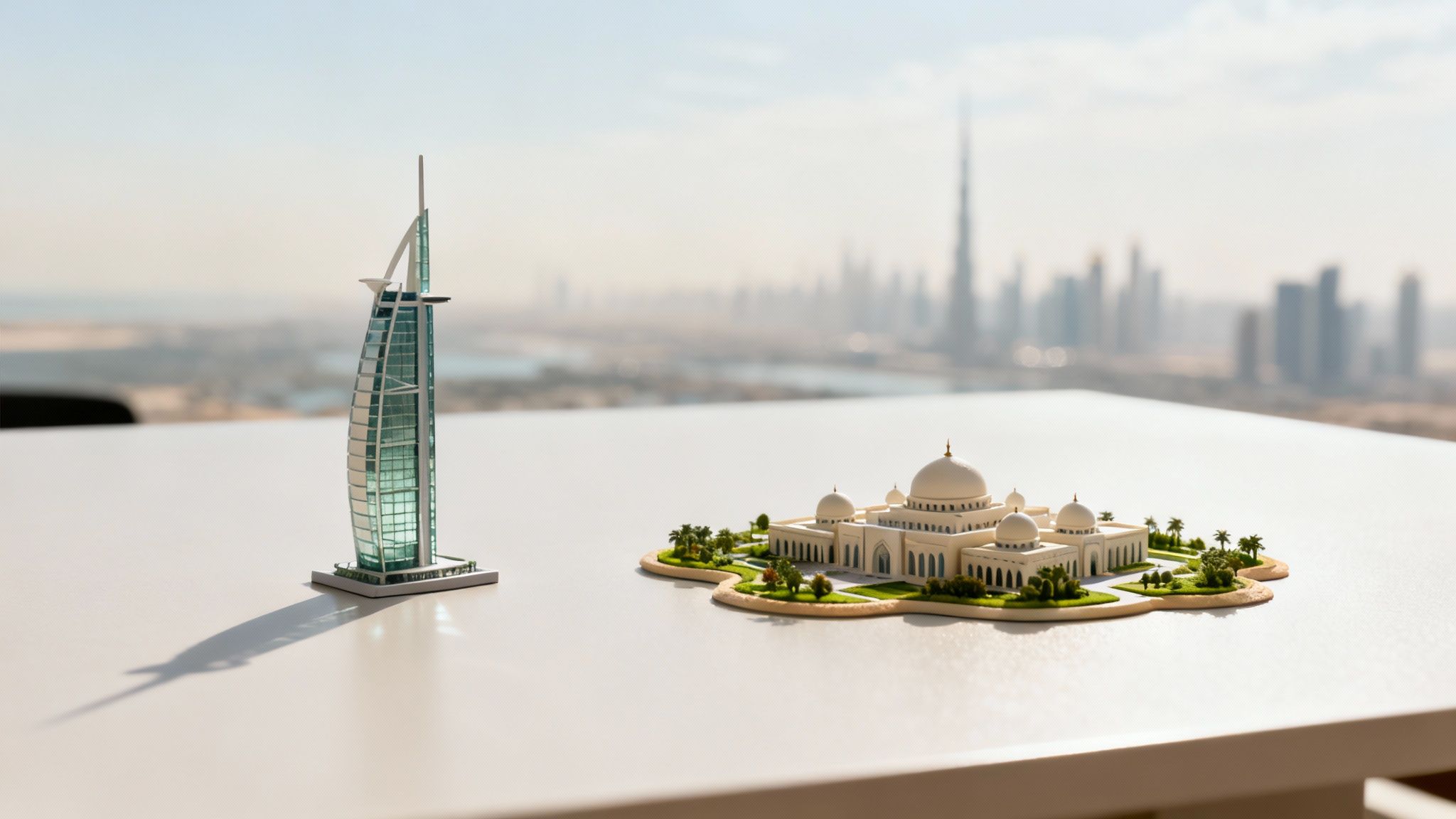 Miniature models of Burj Al Arab and Sheikh Zayed Grand Mosque on a table, with a blurred Dubai skyline.