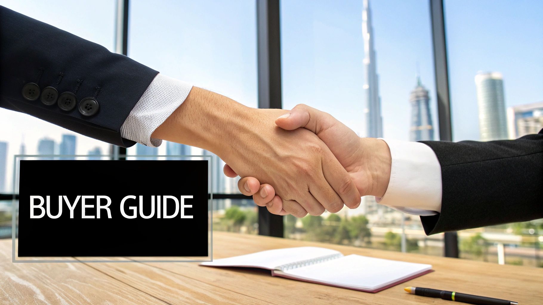 Two business people shaking hands in an office with a Dubai city view and a 'BUYER GUIDE' sign.