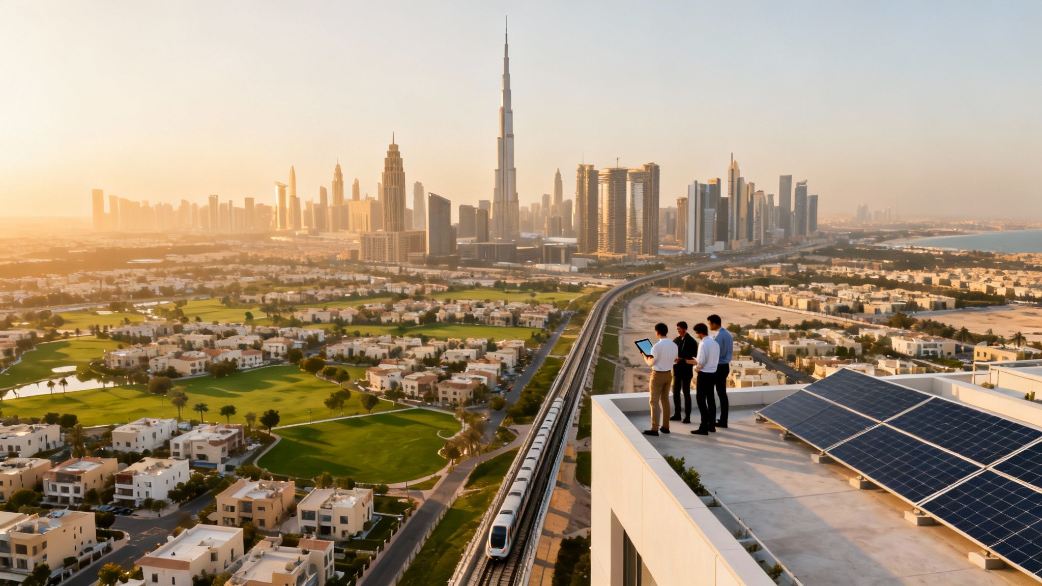 Aerial view of Dubai, showcasing its modern cityscape, residential areas, metro, and men on a rooftop with solar panels.