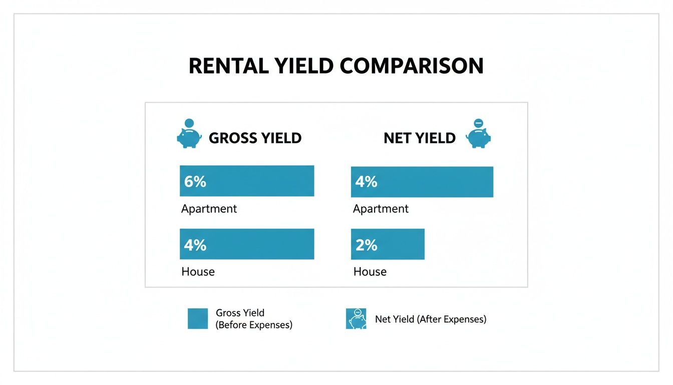 A bar chart illustrating the comparison of gross and net rental yields for apartments and houses.