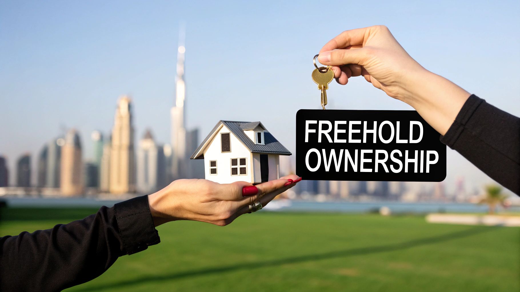 Hands exchanging a model house and keys with a 'FREEHOLD OWNERSHIP' sign, Dubai skyline in background.