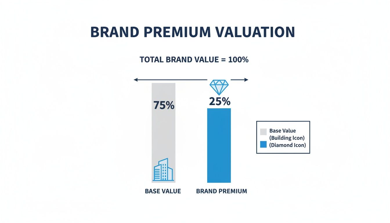 A bar chart illustrating brand premium valuation, showing base value at 75% and brand premium at 25%.