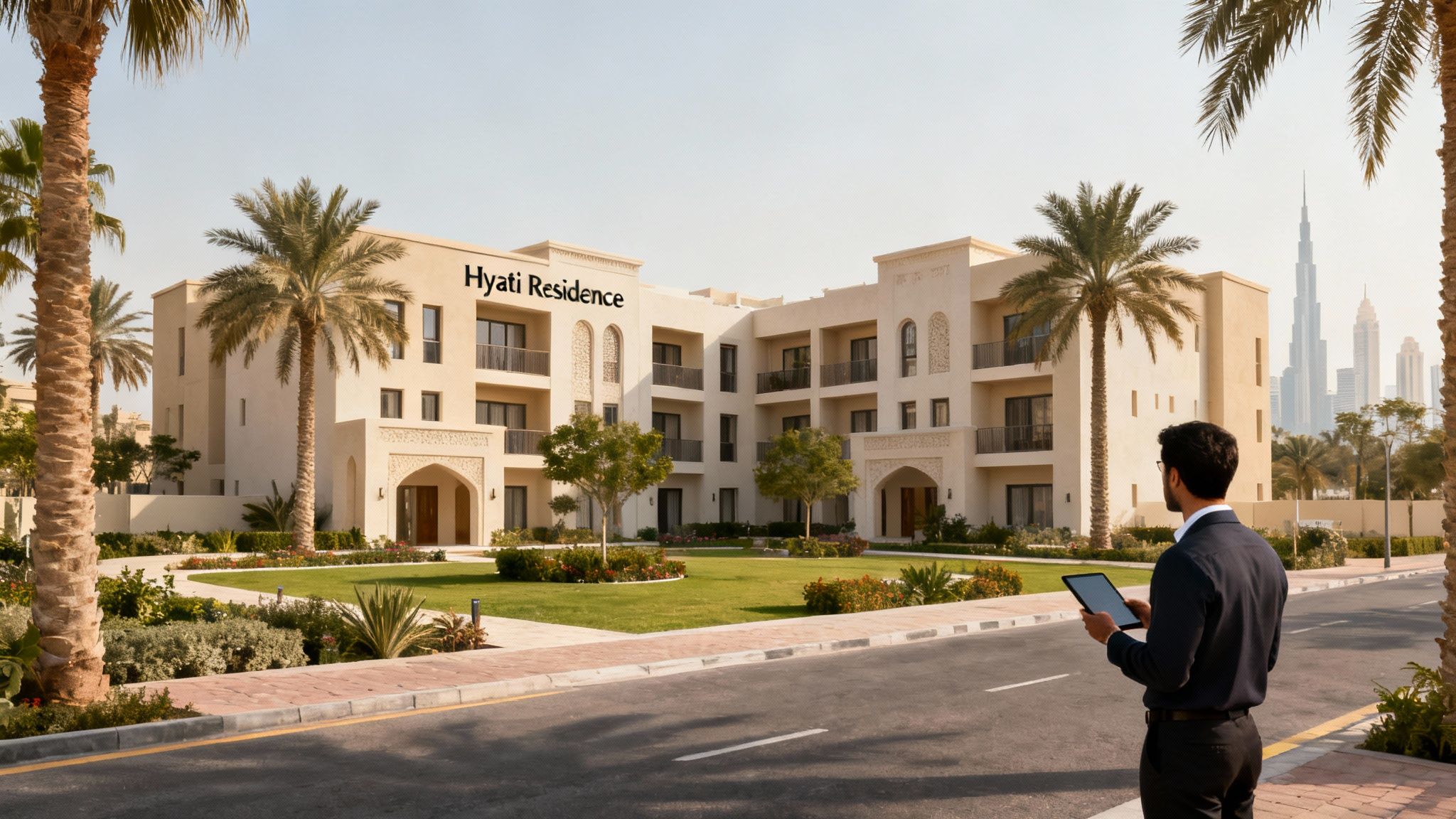 Elegant Hyati Residence building with palm trees, a man with a tablet, and the Dubai skyline.