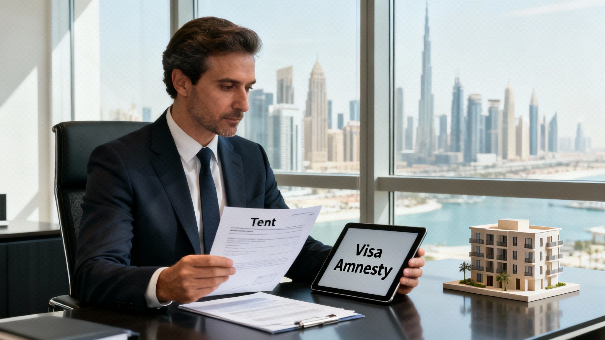 Businessman in an office overlooking Dubai, holding a "Tent" document and a "Visa Amnesty" tablet.