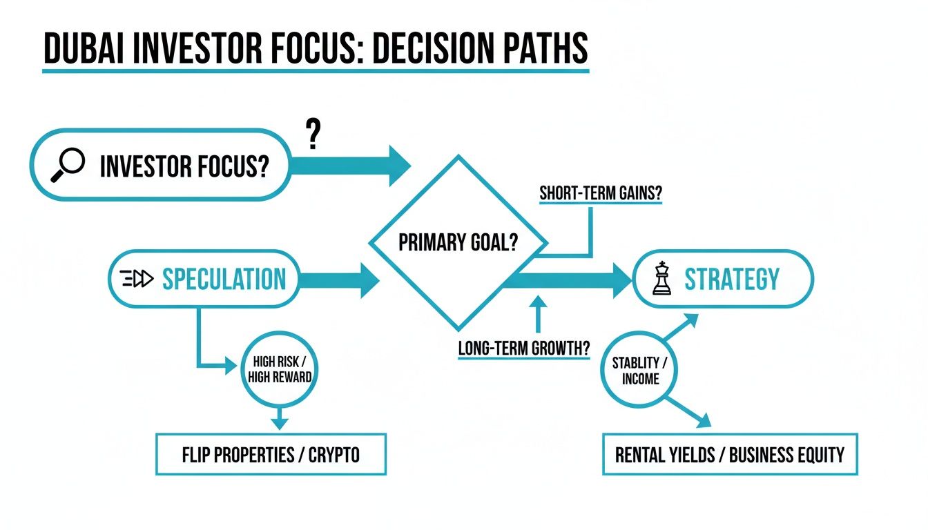 Flowchart illustrating Dubai investor decision paths based on goals like speculation, short-term gains, or long-term growth.