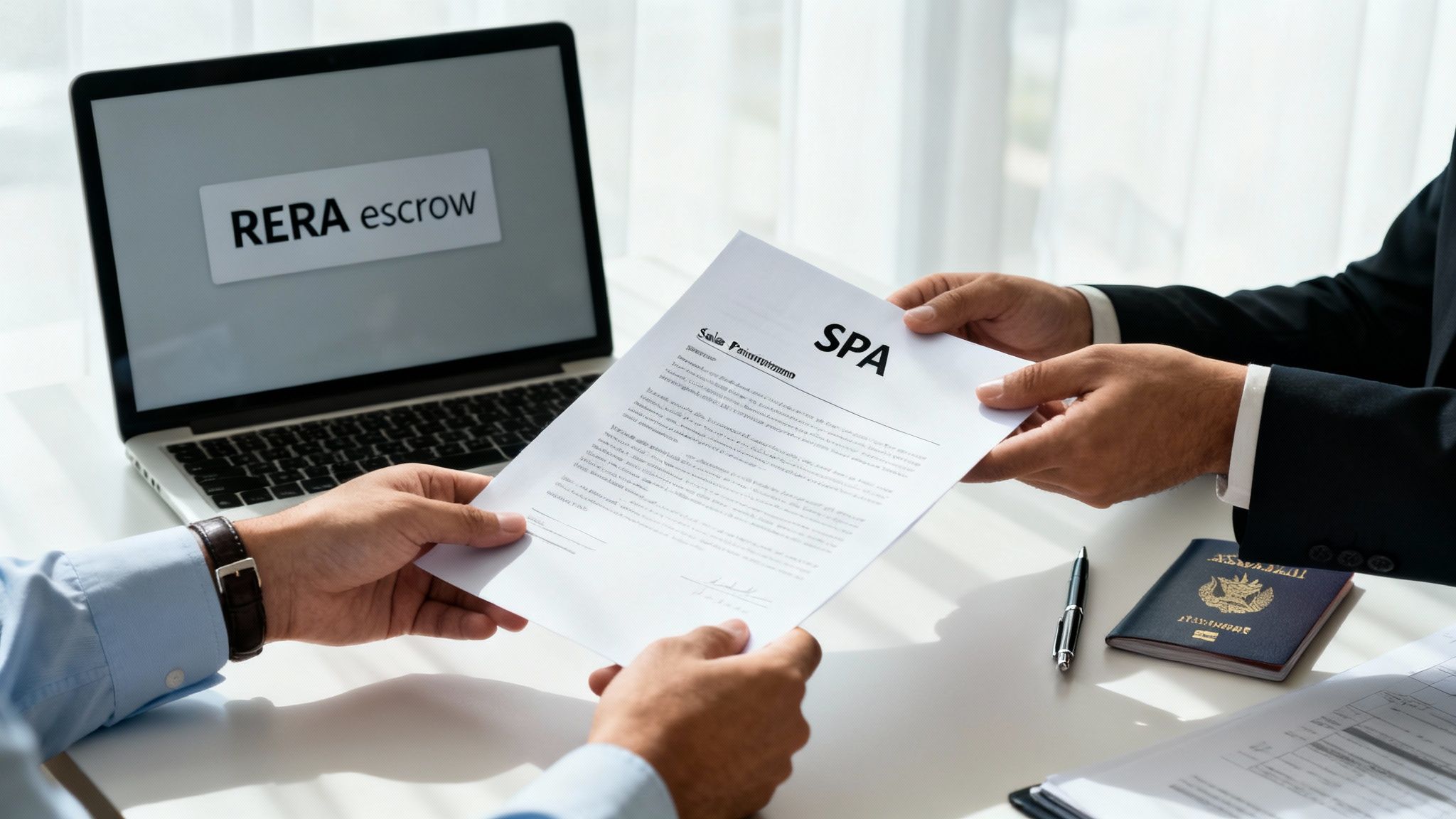 Two businessmen exchanging a Sale and Purchase Agreement (SPA) document, with RERA escrow visible on a laptop screen.