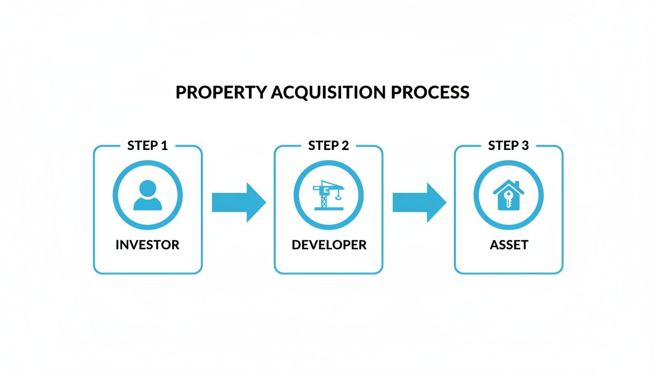 Flowchart illustrating the property acquisition process with steps from investor to developer to asset.