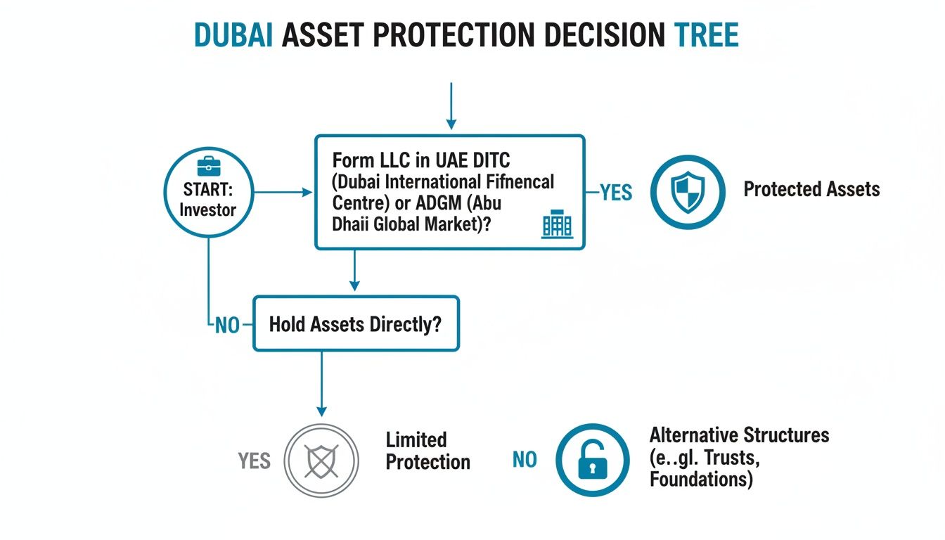 Dubai Asset Protection Decision Tree for investors, showing options for LLC formation in DITC/ADGM or direct asset holding.