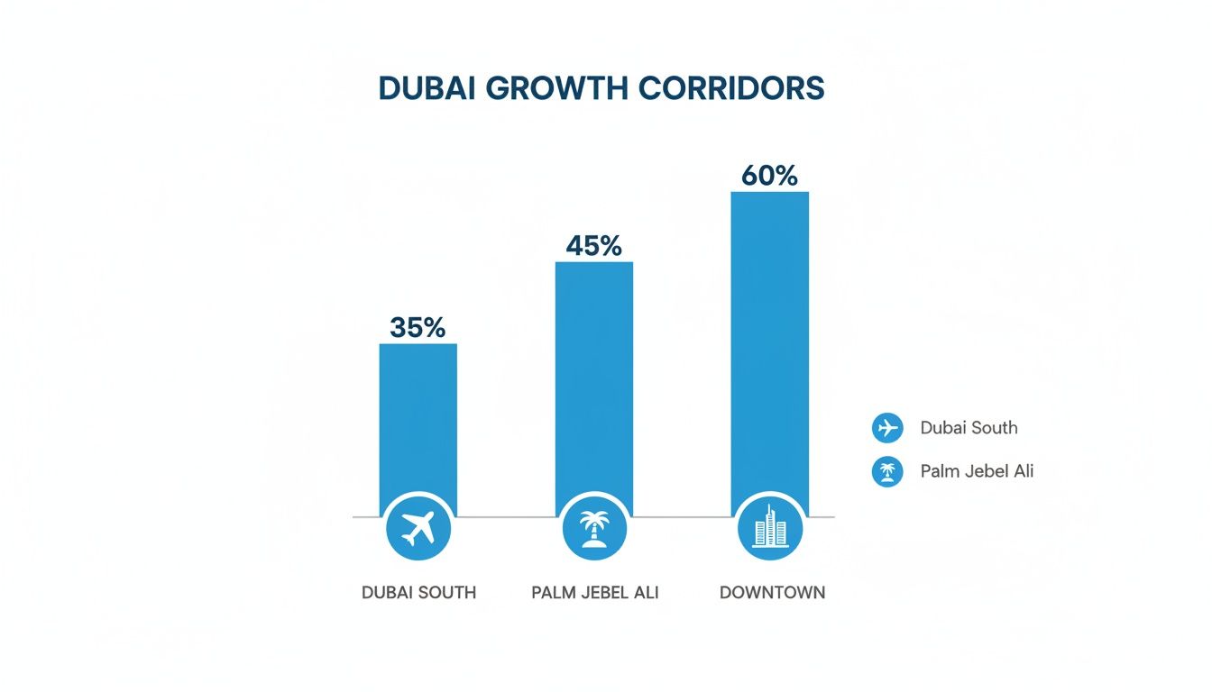 Bar chart illustrating Dubai Growth Corridors with Dubai South 35%, Palm Jebel Ali 45%, and Downtown 60%.