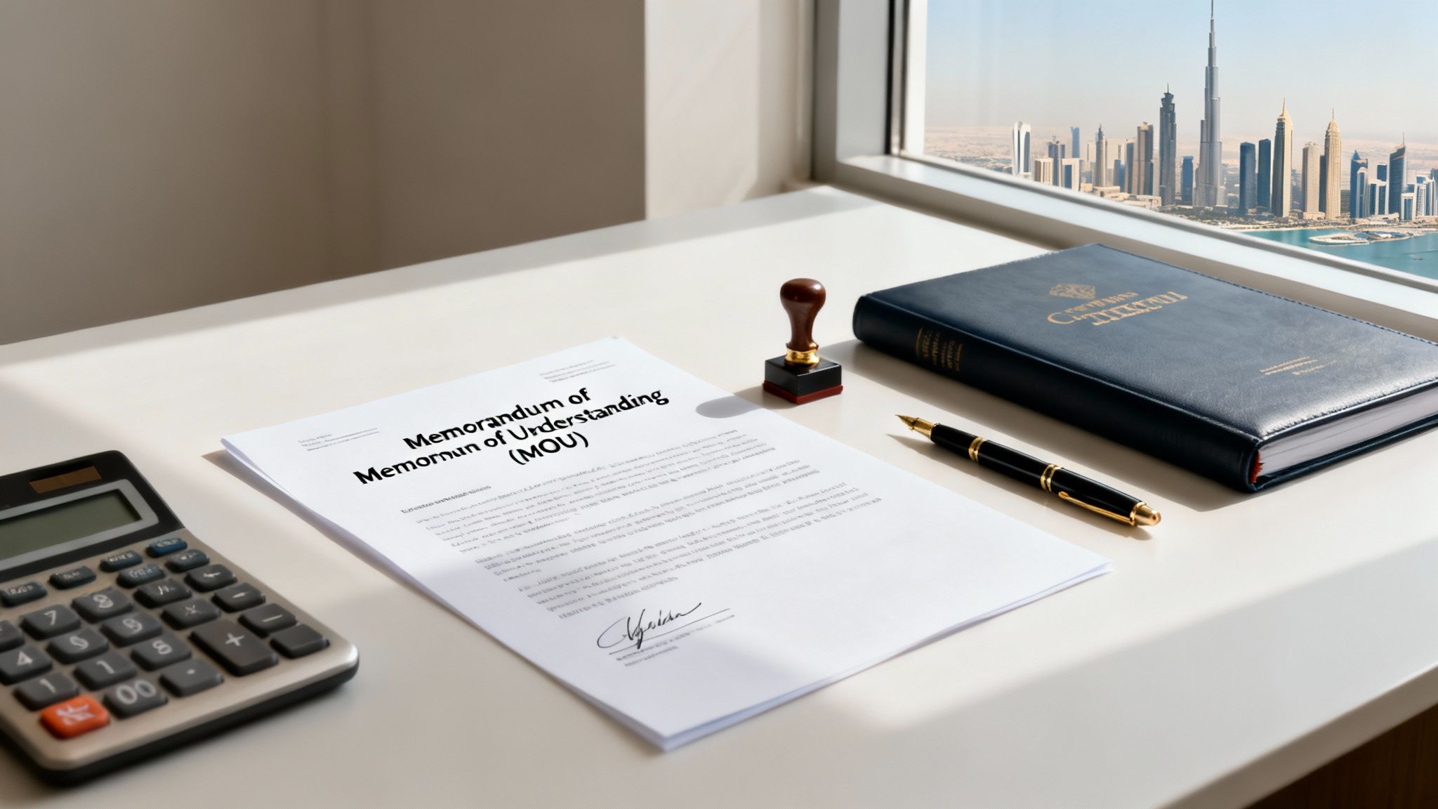 Business desk setup with a Memorandum of Understanding, calculator, pen, and stamp overlooking Dubai.