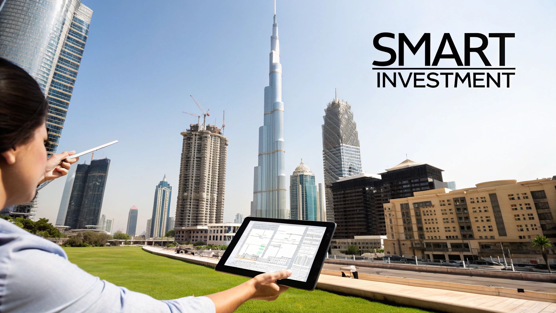 Smart investment in Dubai, a person reviews data on a tablet with skyscrapers in background.