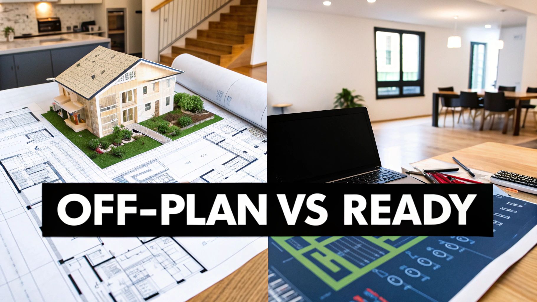 A split image contrasting off-plan real estate with a house model and blueprints, against a ready, furnished modern interior.