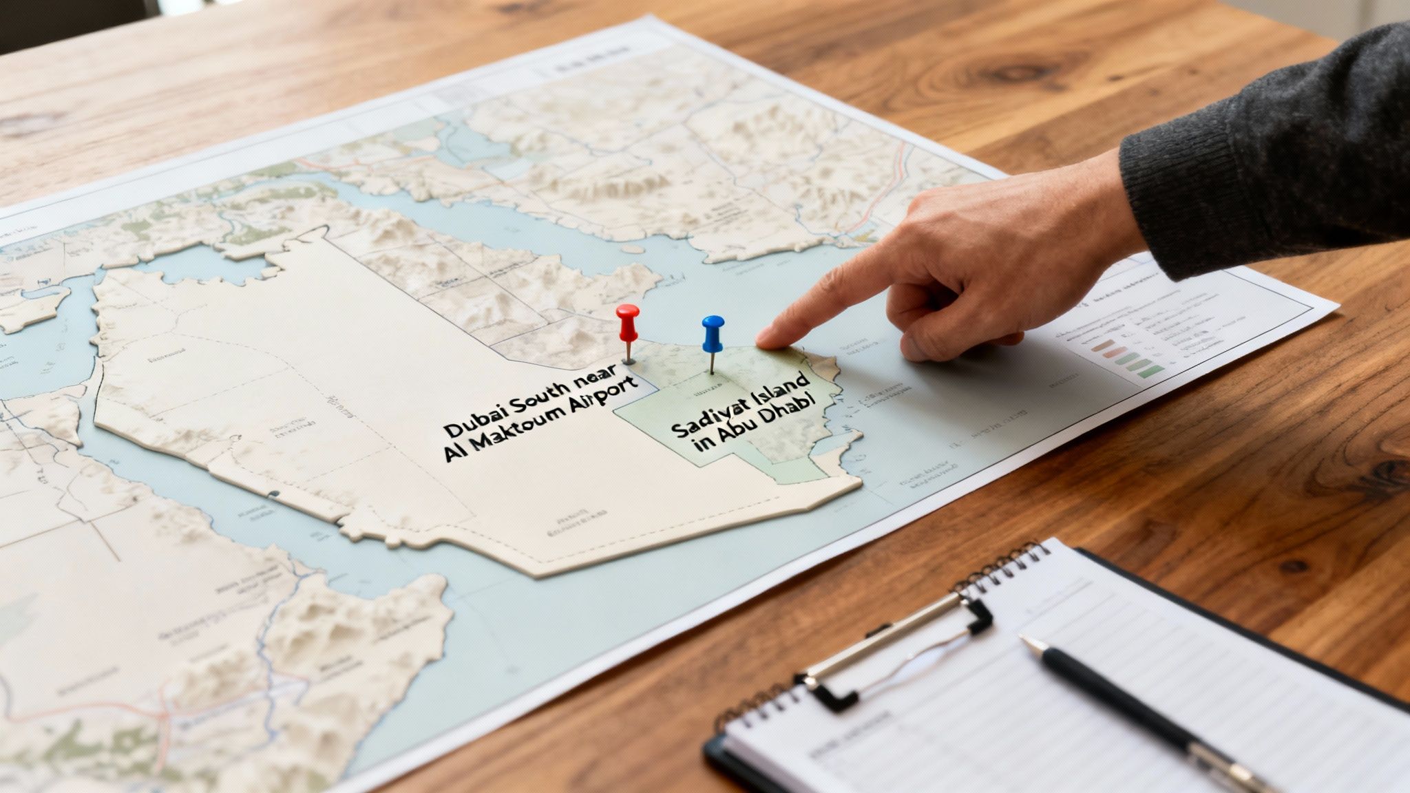 A hand points to Saadiyat Island in Abu Dhabi on a detailed map of the UAE, with Dubai also pinned.