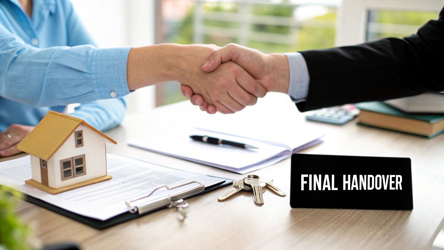 Two individuals shaking hands over a desk with a model house, keys, and a 'FINAL HANDOVER' sign, symbolizing a property transaction.