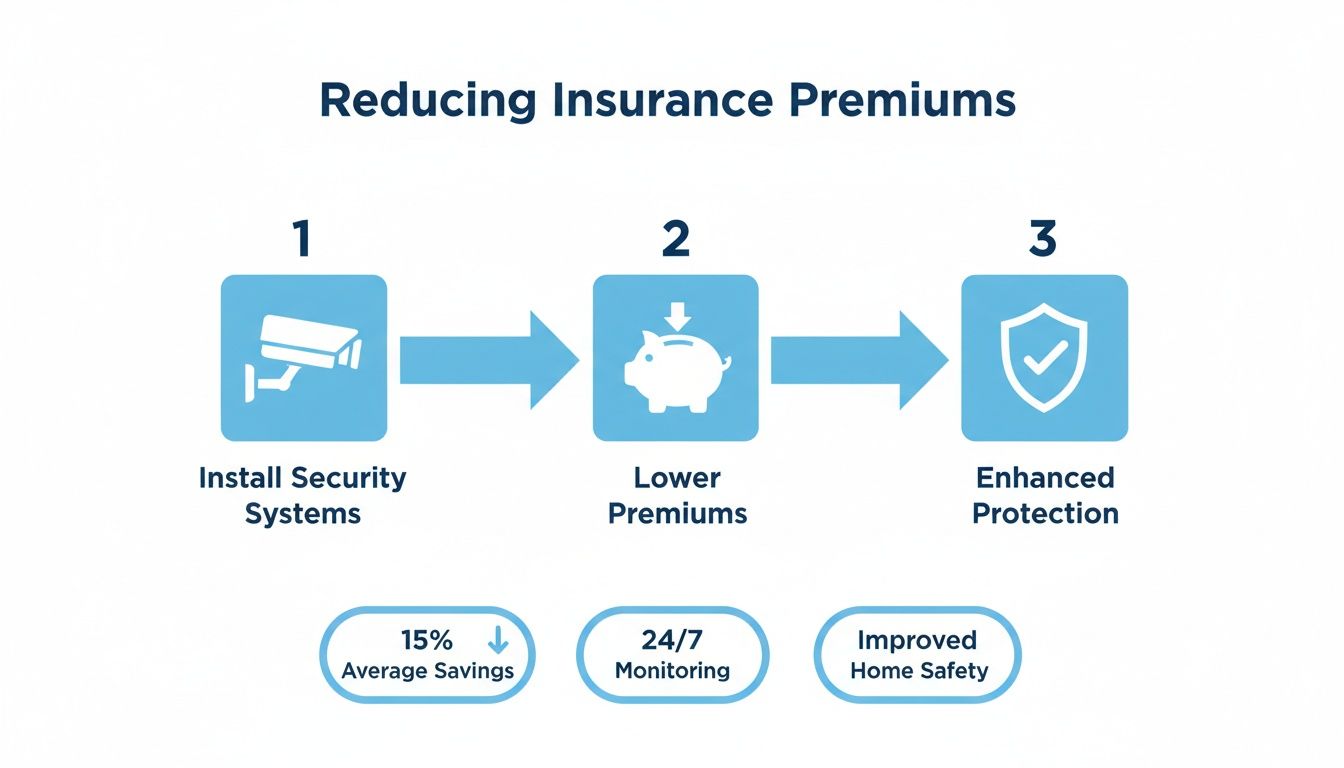 Infographic showing a three-step process to reduce insurance premiums by installing security systems.