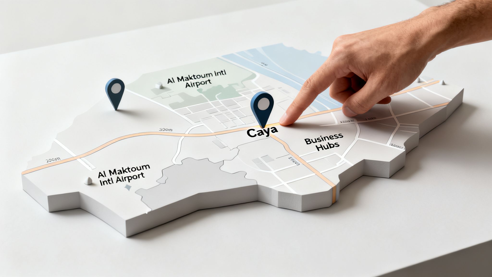 A hand points to Caya on a 3D map model showing Al Maktoum International Airport and Business Hubs.