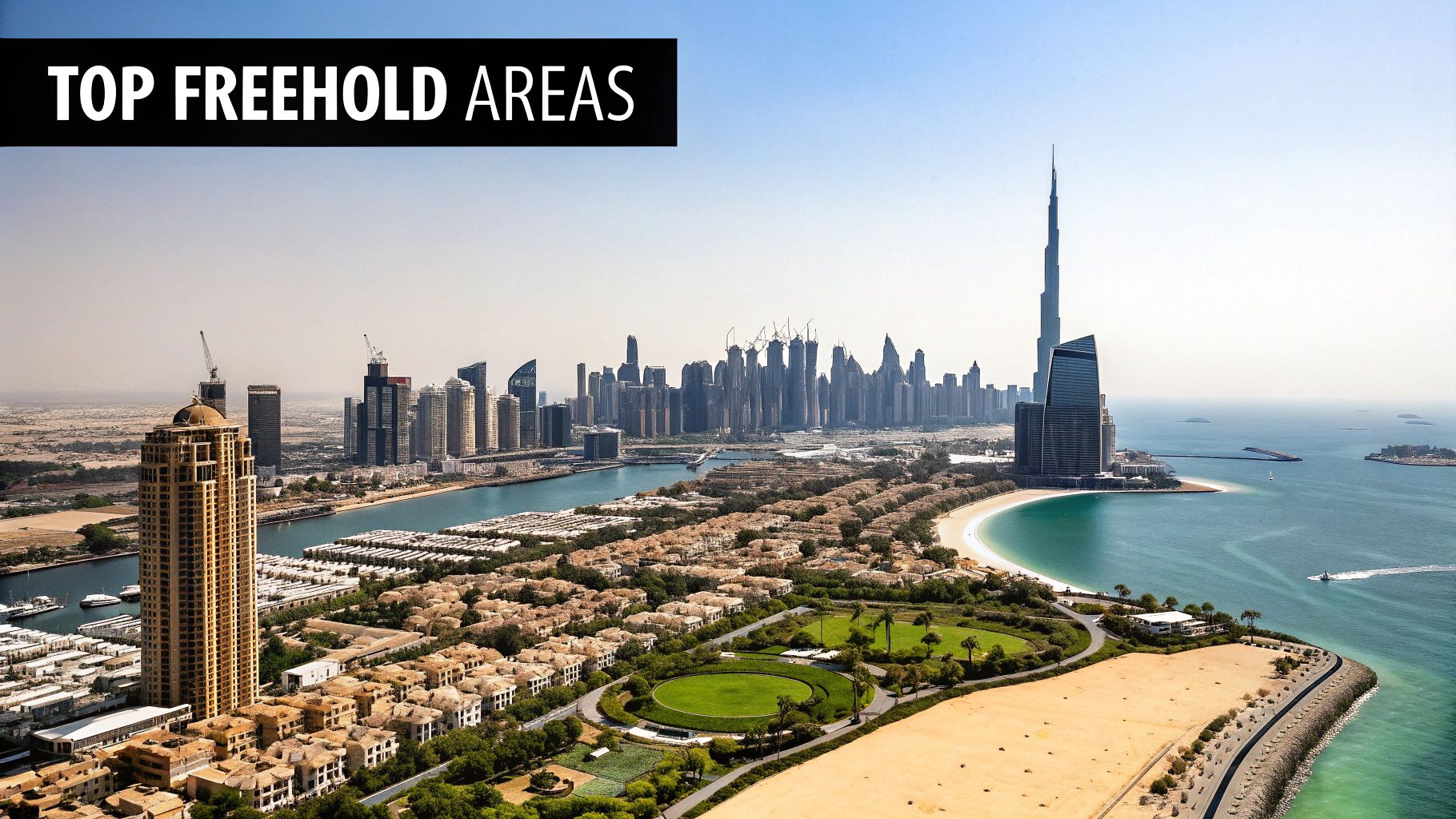 Panoramic view of Dubai's freehold areas, featuring a modern skyline, luxury villas, beach, and a towering skyscraper.