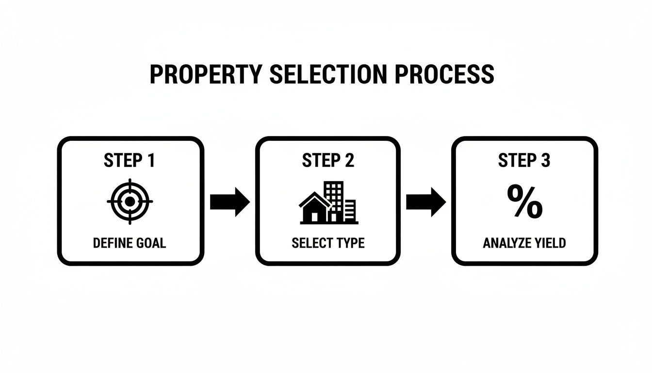 A three-step property selection process flowchart showing define goal, select type, and analyze yield.