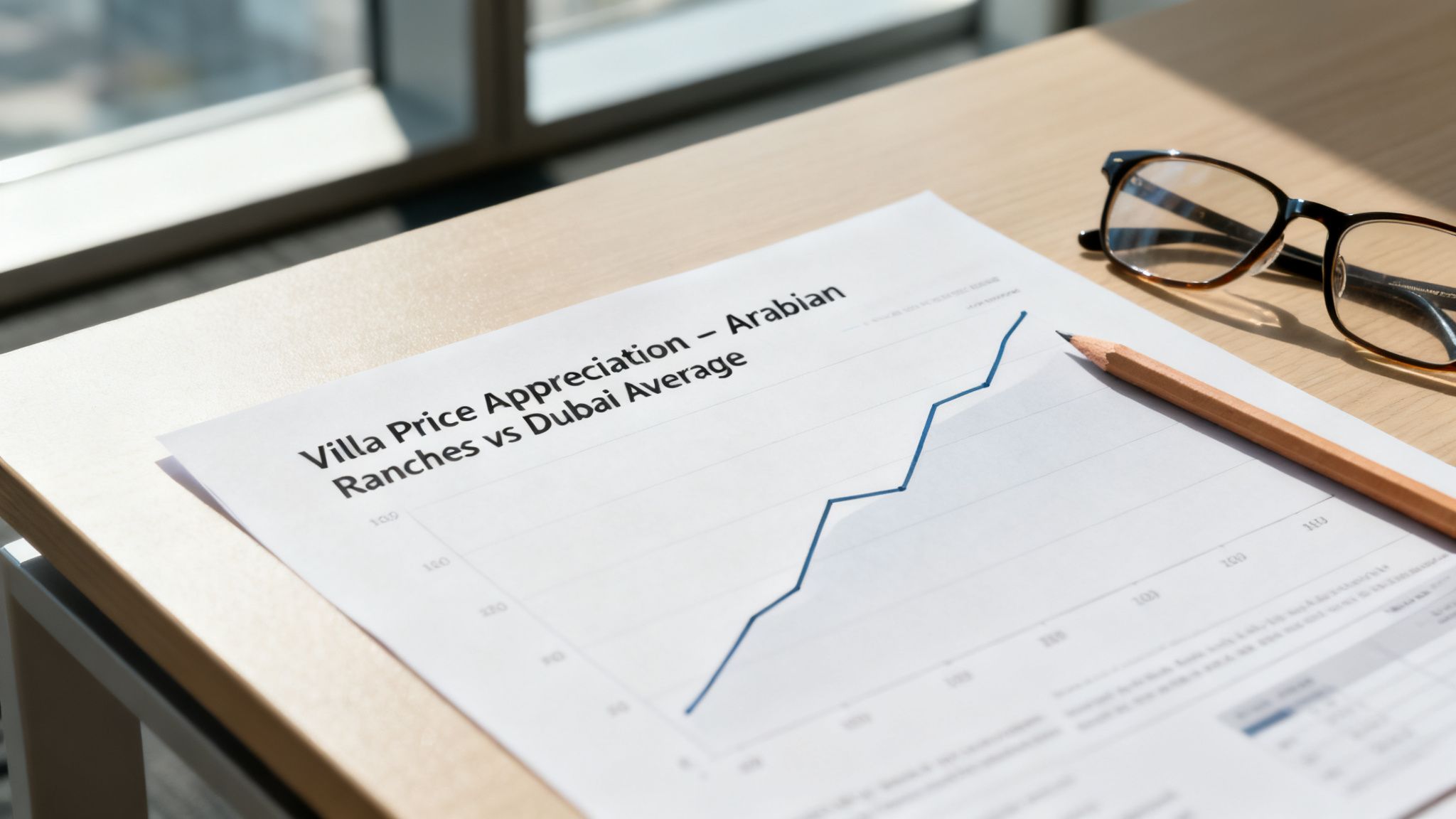 Document with a line graph showing villa price appreciation in Arabian Ranches vs Dubai, alongside glasses and a pencil.