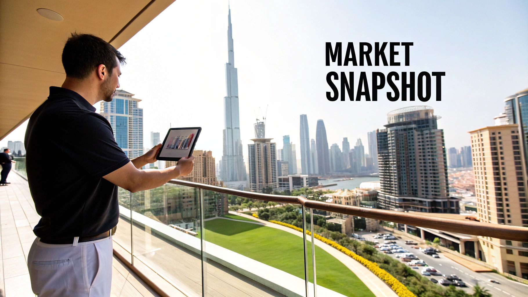 Man on a Dubai balcony views market data on a tablet with the city skyline.