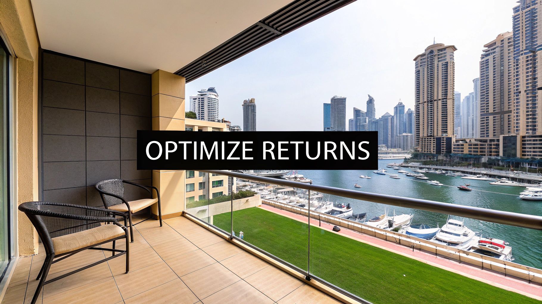 Balcony of a luxurious apartment overlooking the vibrant Dubai Marina with boats and towering skyscrapers.