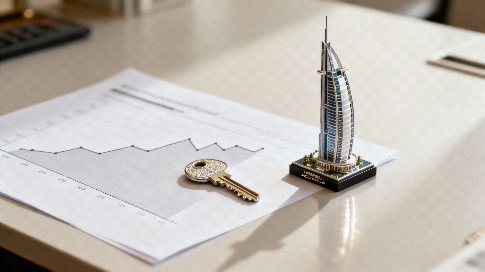 A miniature Dubai skyscraper and a house key rest on a financial graph, symbolizing real estate investment.