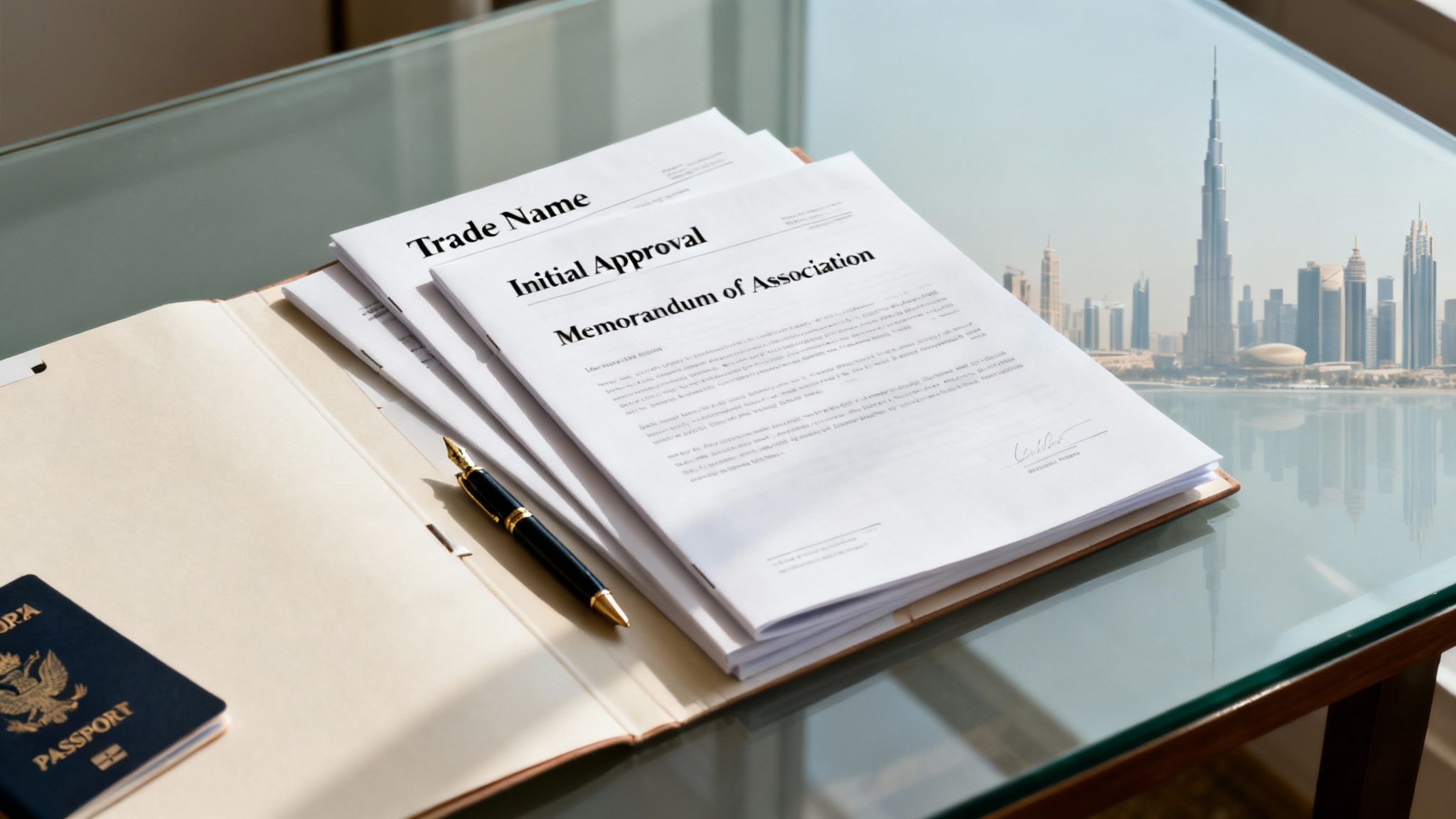 Documents for LLC company formation with a passport and Dubai skyline.