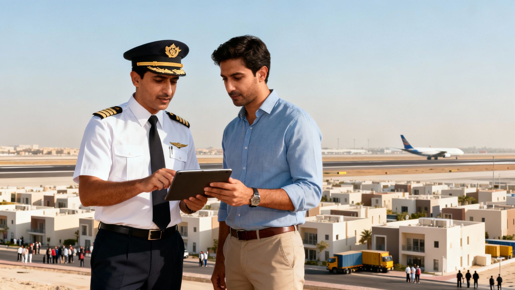 A pilot and another man in casual attire review a tablet device with an airport runway and residential buildings in the background.
