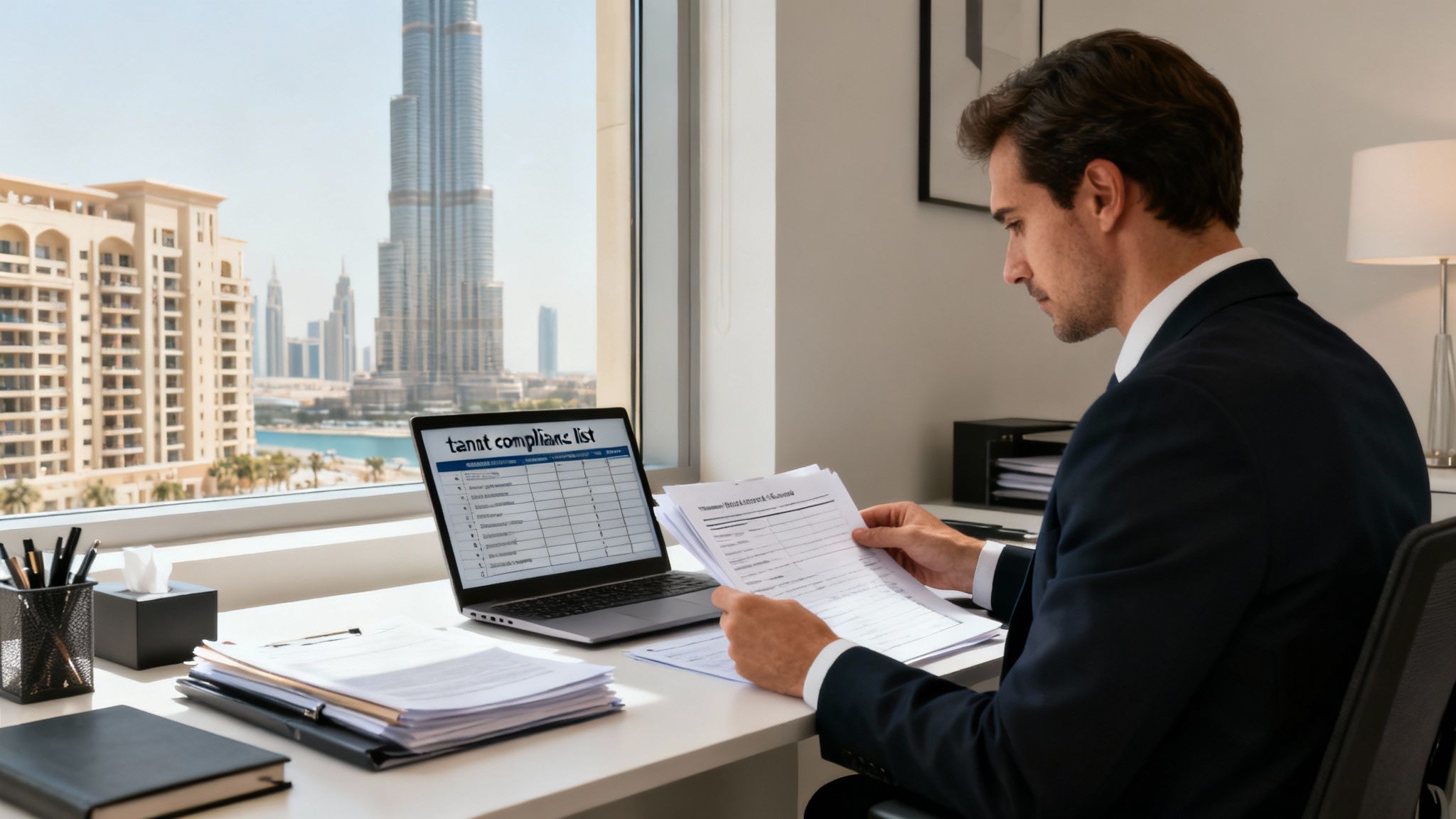 A man in a suit reviews documents at a desk with a laptop, overlooking a Dubai cityscape.