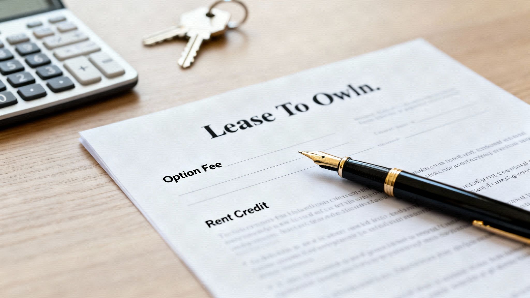 A close-up of a 'Lease To Own' document with a pen, calculator, and house keys on a wooden desk.