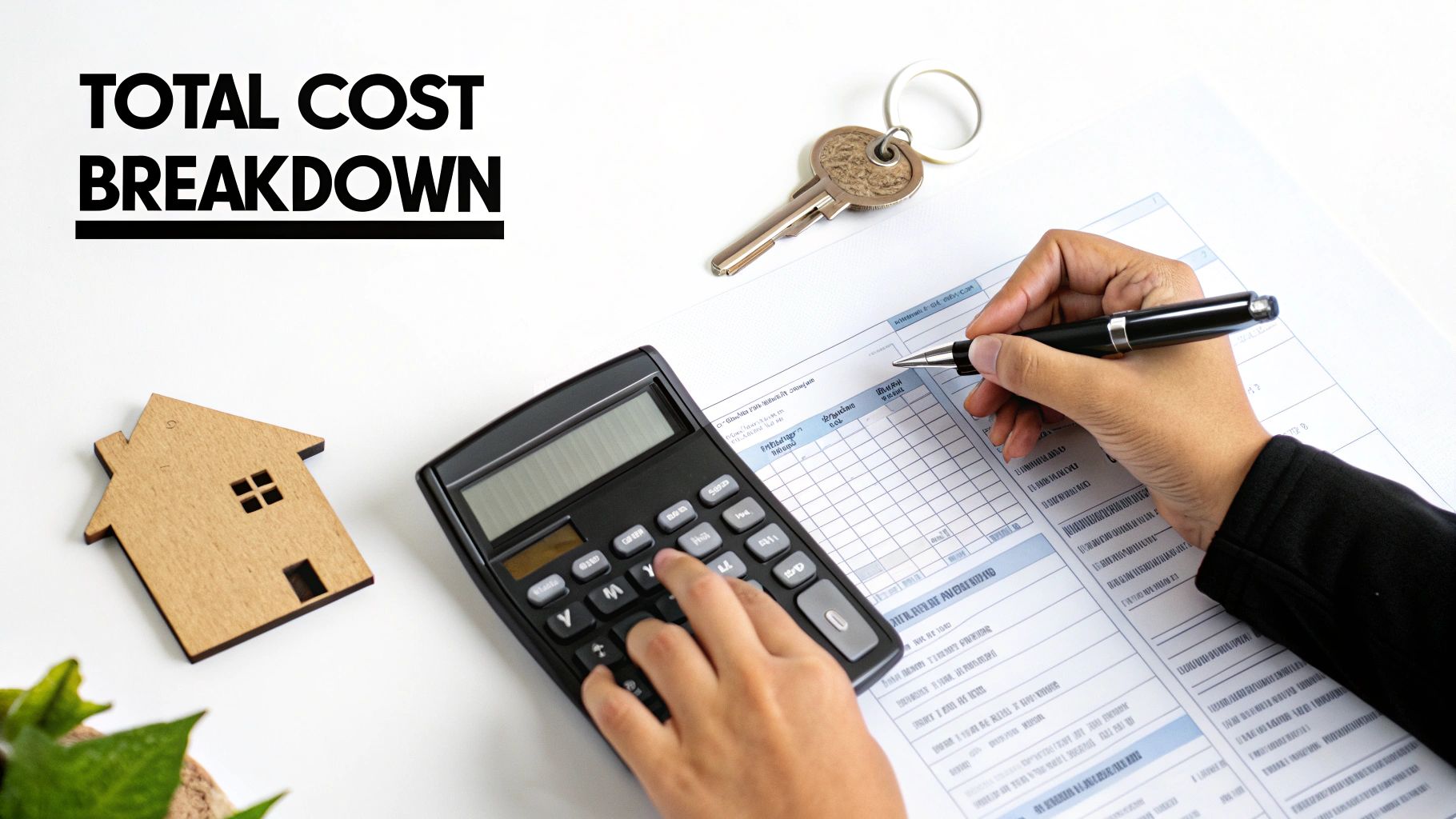 A person calculates total cost breakdown for property with a calculator, house model, and key.