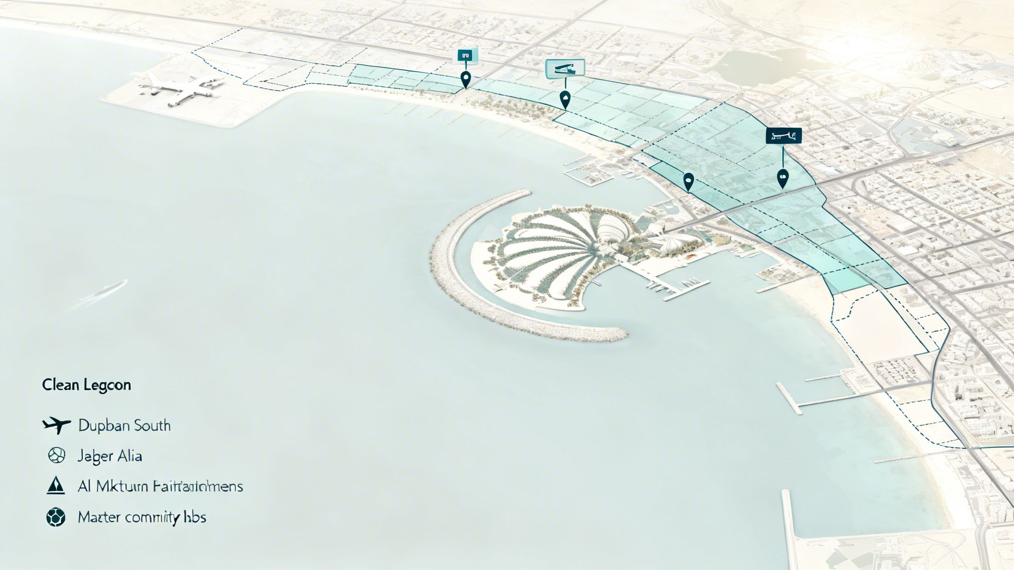 Aerial map of a coastal city showing a development plan, airport, a palm-shaped island, and marked zones.