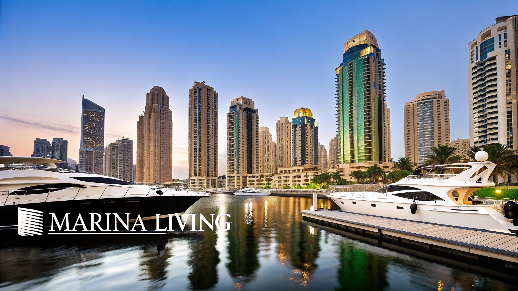 Luxury yachts docked in Dubai Marina with towering skyscrapers reflecting in the water at sunset.